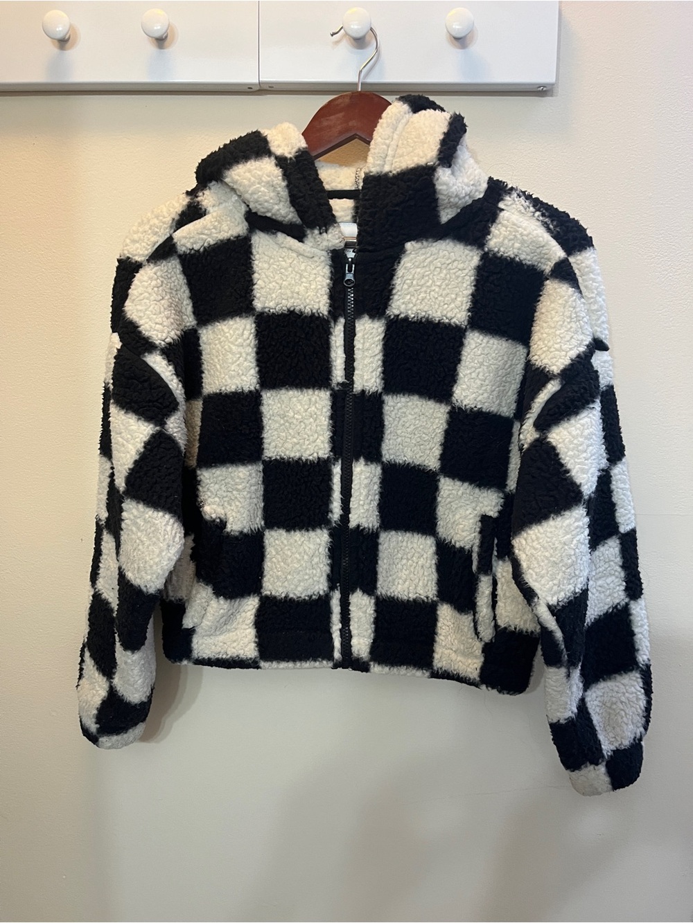 Wild Rose Black and White Checkerboard Sherpa Zip Hoodie